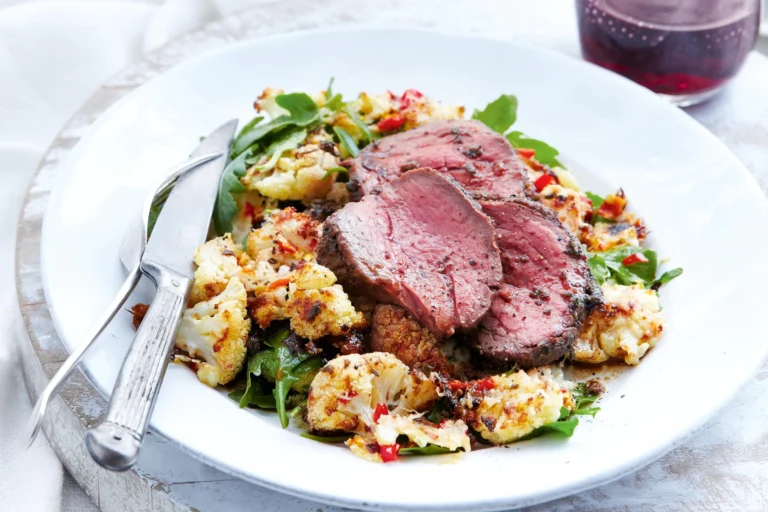 Easy roast beef with cauliflower and chili parmesan